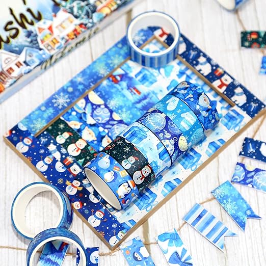 Winter Washi Tape Set,12 Rolls Blue Snowman Holiday Decorative Tape Xmas Ball Gnome Penguin Gift Masking Tape for Journaling Supplies, Journal, Scrapbooking, DIY Arts & Crafts, Gift Wrapping