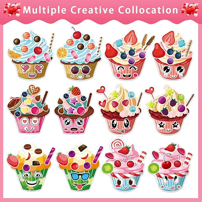 24 Sheets Make Your Own Multicolor Cartoon Ice Cream & Cupcake Stickers, Make a Face Stickers 12 Styles Dessert Sticker, Perfect for Decorating & Gifting, Ages 3+