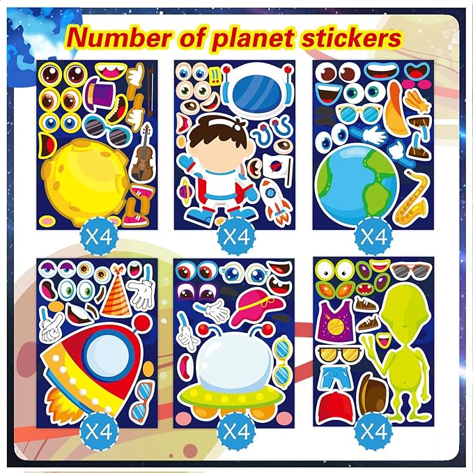 DUJAA 24 Multicolor Cartoon Space Stickers, Astronaut, Alien, Rocket, Planet, Waterproof, Glossy, Single Use, Indoor, Space, Cartoon Theme