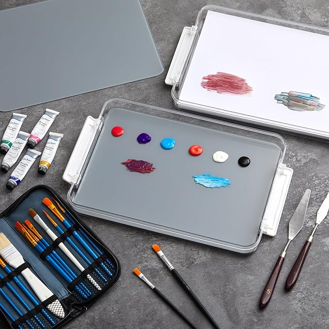 Nuanchu 2 Pcs 9 x 12 Inch Neutral Grey Tempered Glass Palette for Oil Painting with Lid and 80 Sheets Disposable Paper and 4 Sponges Keeps Wet Paint Fresh for Artist DIY Color Mixing Beginners