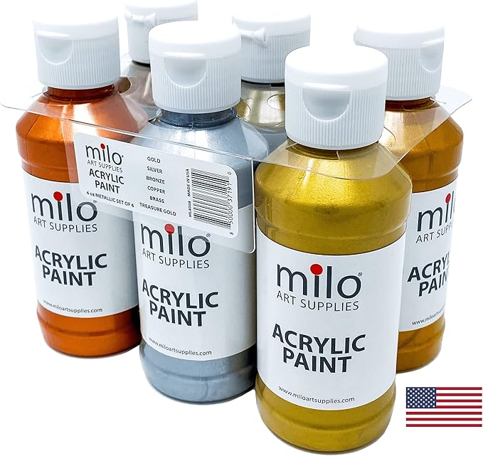 milo Metallic Acrylic Paint Set of 6 Colors | 4 oz Bottles | Student Metallic Colors Acrylics Painting Pack | Made in the USA | Non-Toxic Arts & Crafts Paints for Artists & Hobby Painters