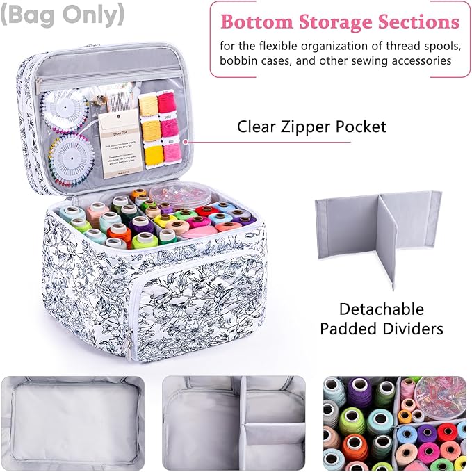 AMOIGEE Double-Layer Sewing Organizer Storage Bag with 2 Detachable Pouches, Large Quilted Sewing Basket for Supplies & Tools, Portable Travel Sewing Kit Case, Gift for Mom(Bag ONLY)