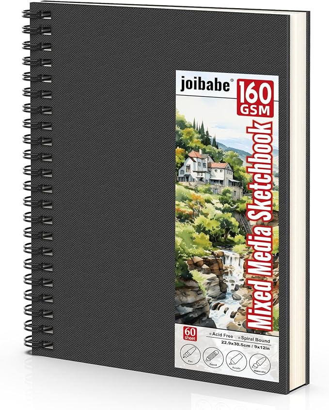 Hardcover Sketch Book，Double-Sided Hardbound Sketchbook, Spiral Sketch Pad,Acid Free Painting Art Paper for Kids and Adults (9X12 Mixed Media Sketchbook（160Gsm/98LB）)