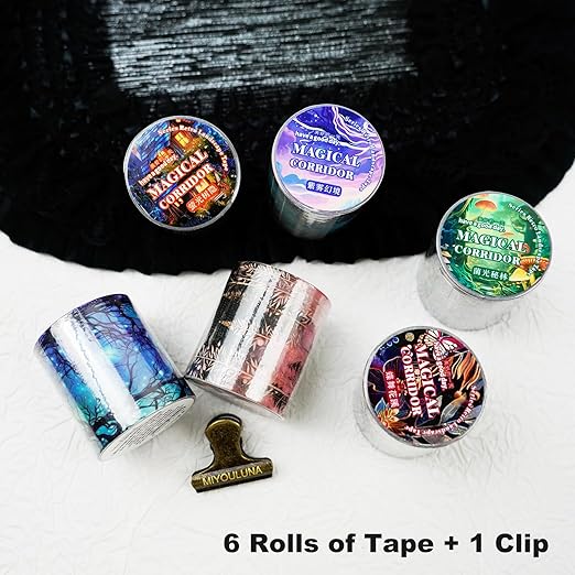 6 Rolls Fantasy Washi Tape Set – Non-Repeat Magical Forest and Galaxy Designs for Scrapbooking, Journaling, Planner, DIY Crafts with Storage Clip