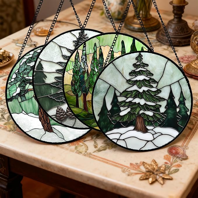 Stained Glass Window Hanging 4 Pcs Set Forest Green Trees Winter Snow Large 15" - Suncatcher Door Garden Sun Catcher Home Decor Birthday Mother's Day for Woman Nana Mom Men