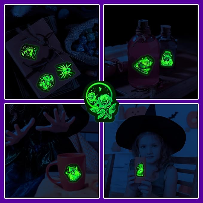 60 Pcs Glow in The Dark Neon Halloween Stickers for Kids, Waterproof Witches Magic Decals for Water Bottle, Vinyl Laptop Decor for Teens Girls Boys, Students Classroom Prizes