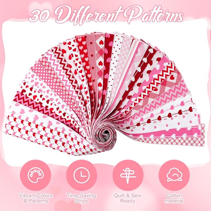 60 Pcs Christmas Quilting Fabric Roll 2.6 x 40 Cotton Fabric Strips Precut Jelly Patchwork for Craft Sewing(Valentines)