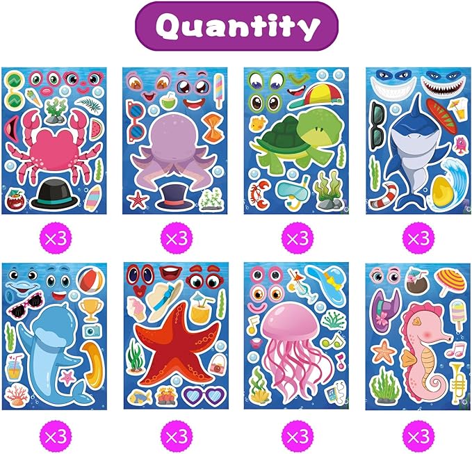 24 Sheets Ocean Stickers for Kids, Make Your Own Sea Animal Mix and Match Sticker Sheets, Make a Face Stickers for Kids Activities Supplies Crafts