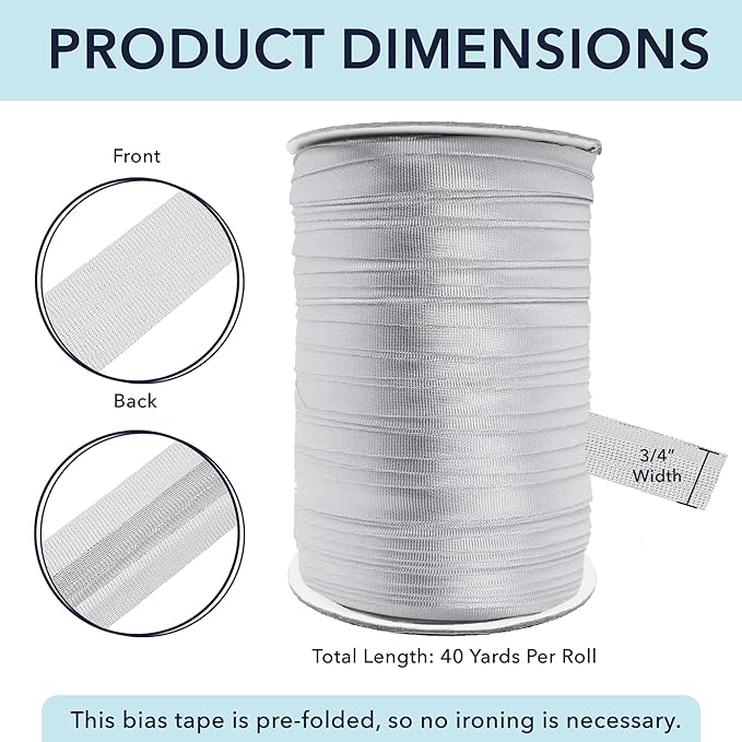 Mandala Crafts 3/4 Inch Single Fold Bias Tape for Sewing, Quilting, Piping, Hemming, Blanket & Quilt Binding – 40 Yards Metallic Silver Fabric Seam Binding Tape