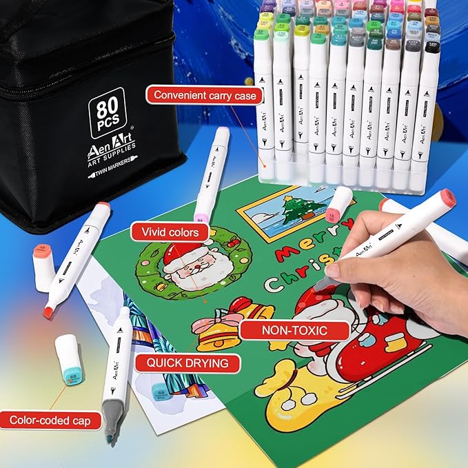 AenArt Alcohol Markers, 80 Color Dual Tip Art Drawing Markers, Artist Pens with Organizing Case for Adult Drawing Coloring Sketching（White Barrel）