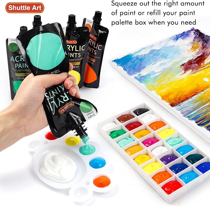 Shuttle Art Acrylic Paint, 18 Colors Acrylic Paint Pouches (120ml/4.06oz), Artist Grade Paint Set, Rich Pigments, Non-Toxic for Artists, Beginners and Kids on Rocks Crafts Canvas Wood Ceramic