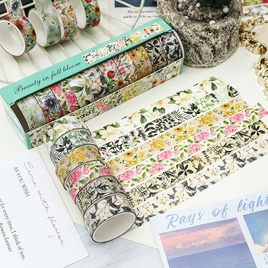 10 Rolls Blooming Flowers Washi Tape Set Floral Arts Adhesive Tapes Colorful Garden Decorative Masking Tape Sets for Craft, Kids, Scrapbook, DIY, Gift Wrapping (2-Romance)