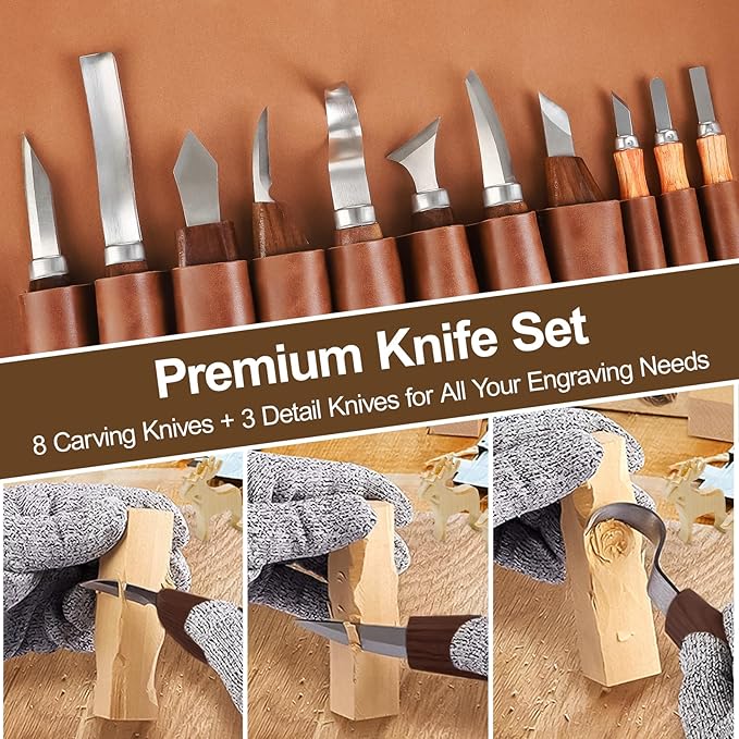 Wood Carving Tools Whittling Kit For Woodworking Hobby Wooden Carving Knife Sets For Beginners with Leather Storage Bag DIY Art Craft Gift