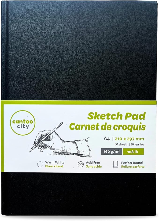Cantoo City A4 Sketchbook, Professional Grade, Black Hard Cover Sketch Book, Art Drawing Book, Wood Free, Off White Thick Paper, Sketch Pad, Dry Media 100 Pages -160g/M² (108 Lb)