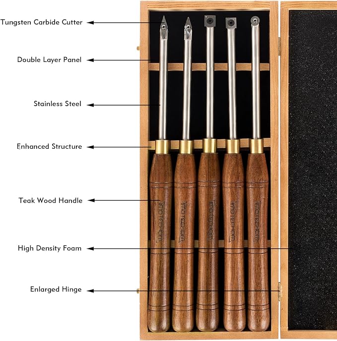 5-Pieces Carbide Tipped Woodturning Tools Lathe Chisel Set with Stainless Steel Blade, Wooden Box