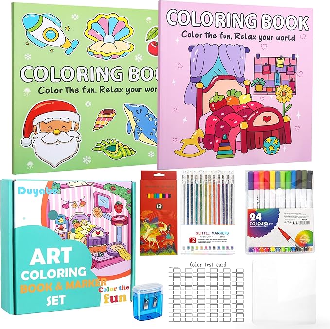 Cute Coloring Book Set for Teens Adults Relaxation, Easy and Simple Designs Coloring Book for Teens Girls, Stress Relief Gifts for Women with 24 colors Markers & 12 Glitter Pens & 12 Colored Pencils