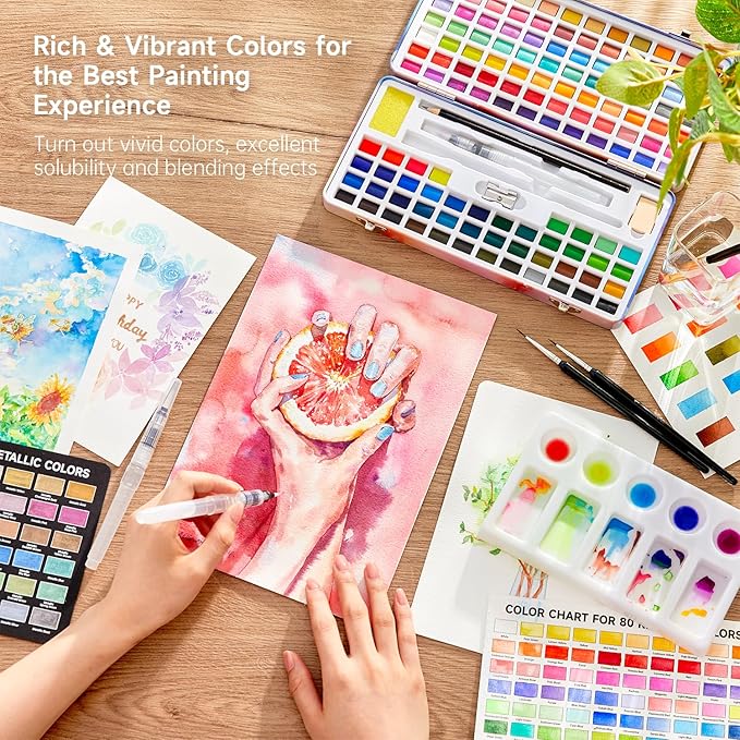 Shuttle Art Watercolor Paint Set, 128 Vibrant Colors with Metallic Shades, Travel Water Color Set with Watercolor Brushes, Palette, Watercolor Sketchbook and Coloring Sheets for Adults, Kids, Artists