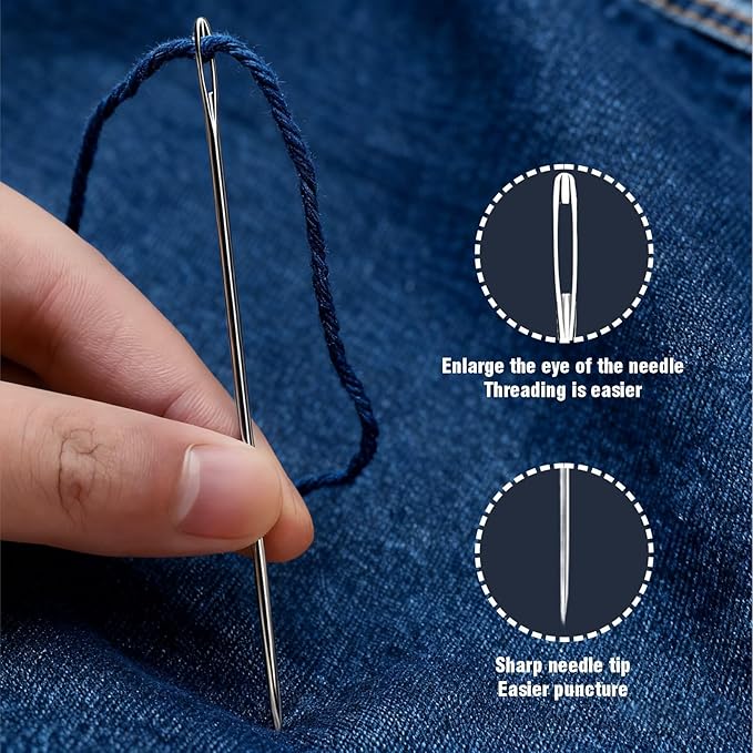 WHNICUST 46PCS Big Eye Stainless Steel Sewing Needles Kit, Hand Quilting Set with Threader and Thimble, Long Thin Needles for DIY Sewing