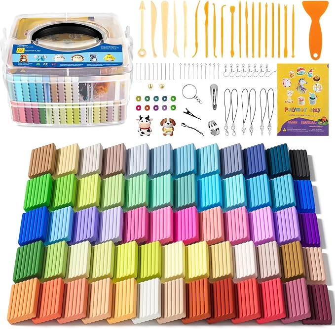 Polymer Clay 62 Colors, Modeling Clay for Kids, Non-Sticky Oven Bake Clay with Sculpting Tools and Accessories, Halloween Christmas Gift for Children and Artists