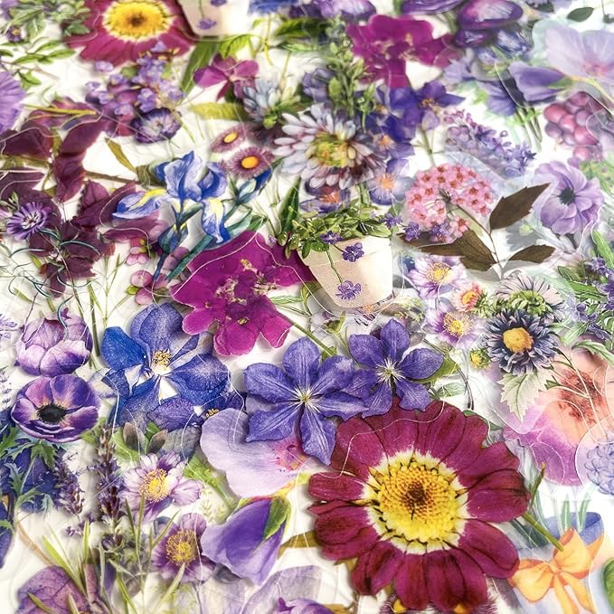 100-Piece Purple Wildflower Plant Sticker Pack - Floral Watercolor Clear Flower Stickers for Scrapbooking, Journaling, Resin Crafts, and Decorations