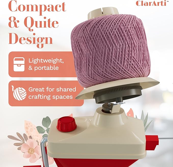 ClarArti Yarn Ball Winder for Crocheting, Knitting, & Other Yarn Crafts | Quick, Quiet, Creates Yarn Balls & Yarn Cakes | Medium Capacity, Can Handle Average Size Yarn Skeins (Red/White)