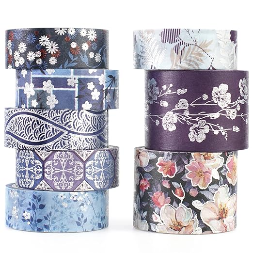 YUBX Elegance Blue Washi Tape Set 8 Rolls Wide Silver Embellishment Decorative Masking Tapes for Arts, DIY Crafts, Journals, Planners, Scrapbook, Wrapping