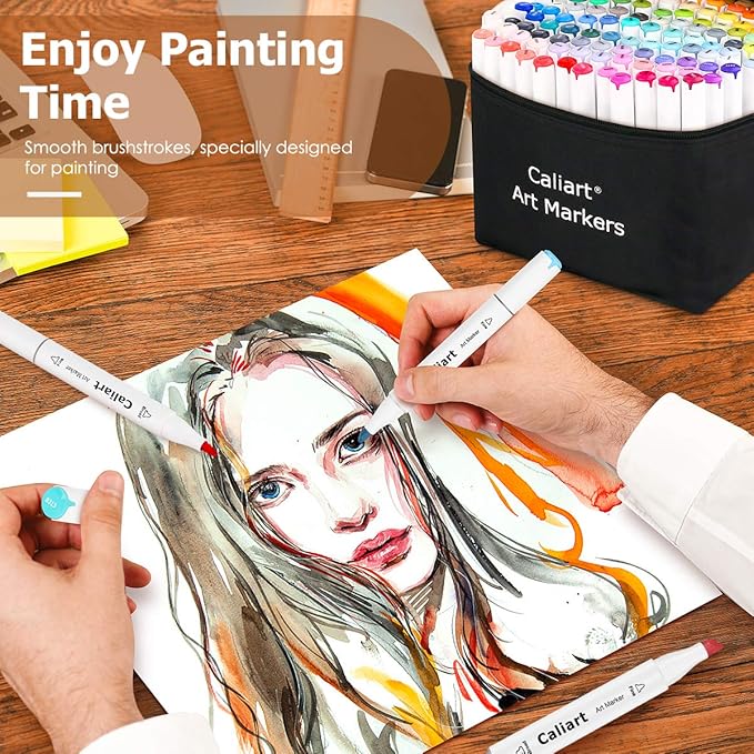 Caliart Alcohol Based Markers, 81 Colors Art Drawing Markers Set Dual Tip Fine & Chisel Permanent Colored Sketch Pens, with Case for Artists Adults Coloring Book Illustration