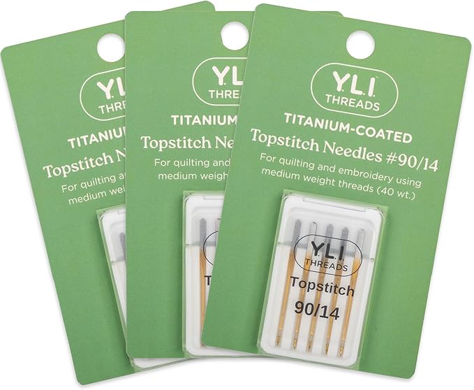 YLI Topstitch Needles, Titanium-Coated #90/14 – Large Eye & Deep Groove Fits All Home Sewing Machines – Pack of 15 Needles