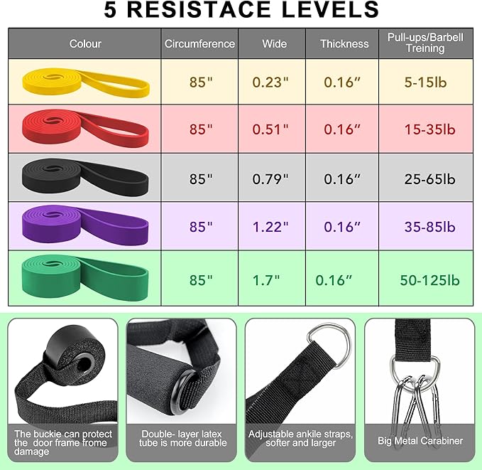 Resistance Bands, Workout Bands, Stretch Bands for Working Out, Long Exercise Bands Set with Handles & Door Anchorfor Fitness, Pull Up Training Bands for Physical Therapy, Muscle Training.