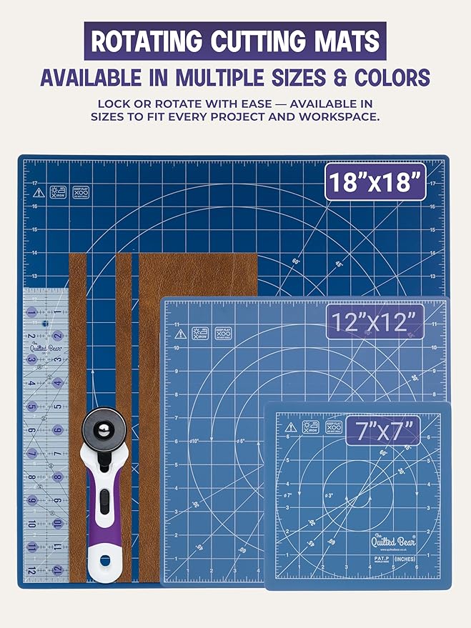 The Quilted Bear Rotating Cutting Mat 18" x 18" - Locking & Rotating Self Healing Cutting Board for Sewing, Fabric & Effortless Quilting - 360 Degree Sewing Supplies Mat for Craft Table (Blue)