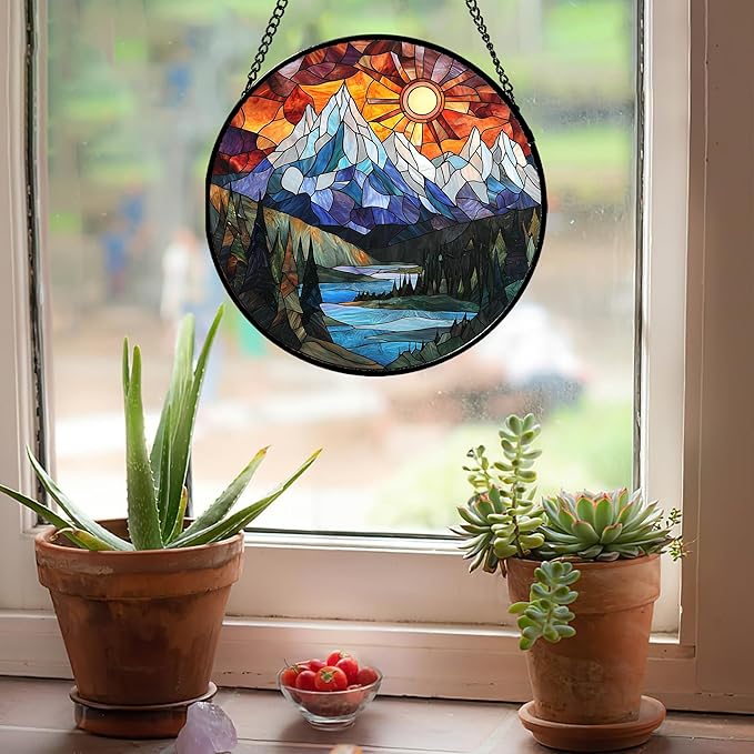 Stained Glass Window Hanging - Colorful Mountain Lake Landscape Sun Catcher for Door Garden Home Decor Suncatcher Christmas Mother's Day Birthday Gifts for Women Men Mom Nana 9.8 in