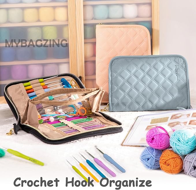 MYBAGZING Crochet Hook Set with Storage Case – 14 Ergonomic Crochet Hooks(2mm(B)-10mm(N), 10 Stitch Markers, Crochet Organizer for Crochet Needles, Accessories, and Supplies