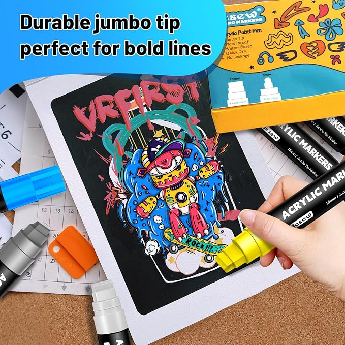 Acrylic Paint Markers – 12 Colors Jumbo Markers with 15mm Felt Tip Paint Pens, Waterproof Permanent Ink for Rock Painting, Stone, Ceramic, Glass, Wood, Canvas, Outdoor Art & Signs