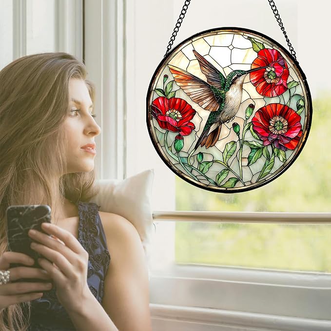 Stained Glass Window Hanging - Green Hummingbird Red Flower Suncatcher for Door Terrace Garden Home Decor Bird Landscape Sun Catcher Birthday Gifts for Lovers Women Men Dad Mom Nana 15 in