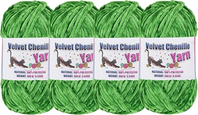 4 * 100g Fluffy Velvet Chenille Yarn for Crocheting and Knitting, Handcrafts Weaving Soft Chenille Yarn for Crocheting Clearance, Used for Making Baby Yarn Blanket, Clothes, DIY Craft (Green)