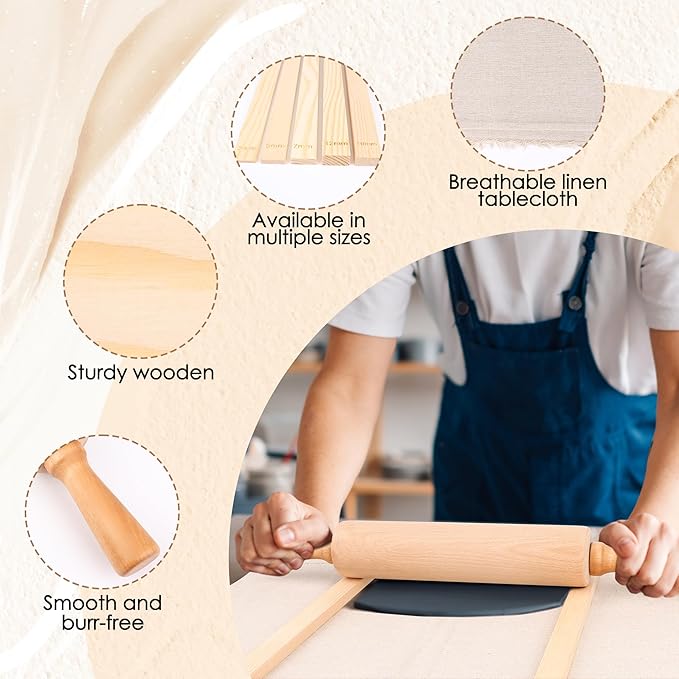 12 Pcs Pottery Tools Set, Include17in Slab Roller for Clay Pottery and 10 Pcs 5 Size Wooden Rolling Pin Guides, 1 Linen Tablecloth for Ceramic Clay Making