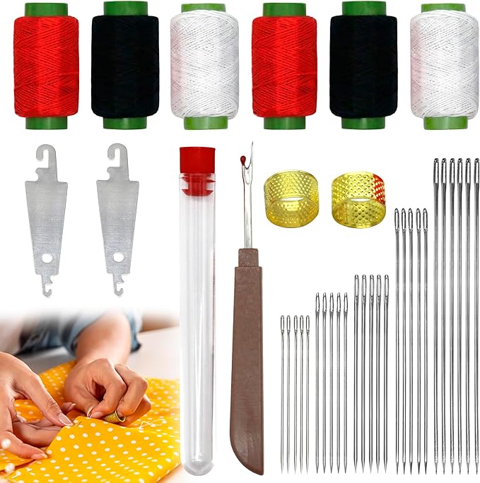 Sewing Tool Set, 37Pcs Big Eye Steel Sewing Needle Kit, Threader and Needle Repair Kit Stainless Steel Needles for Hand Sewing