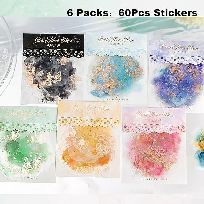 Watercolor Floral PET Sticker Set, 60PCS Gold Foil Flower Stickers for Scrapbooking, Journaling, DIY Crafts, Decorative Collage, Planner, and Art Supplies