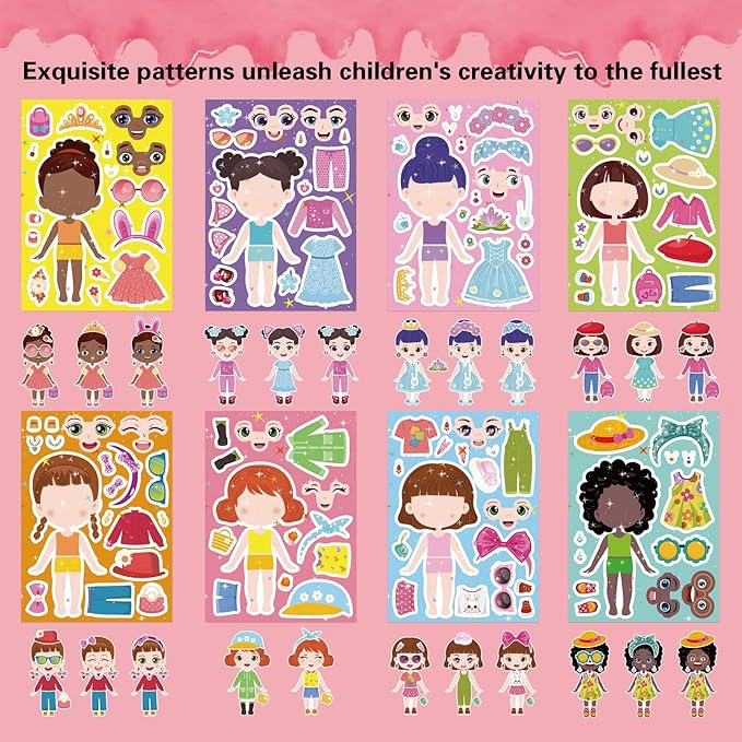 24 Sheets Make a face and Dress Up Stickers for Girls, Make Your Own Stickers for Kids Toddlers, Party Favor, Age 3+ Birthday Gift, Art Craft, Classroom Teacher Reward