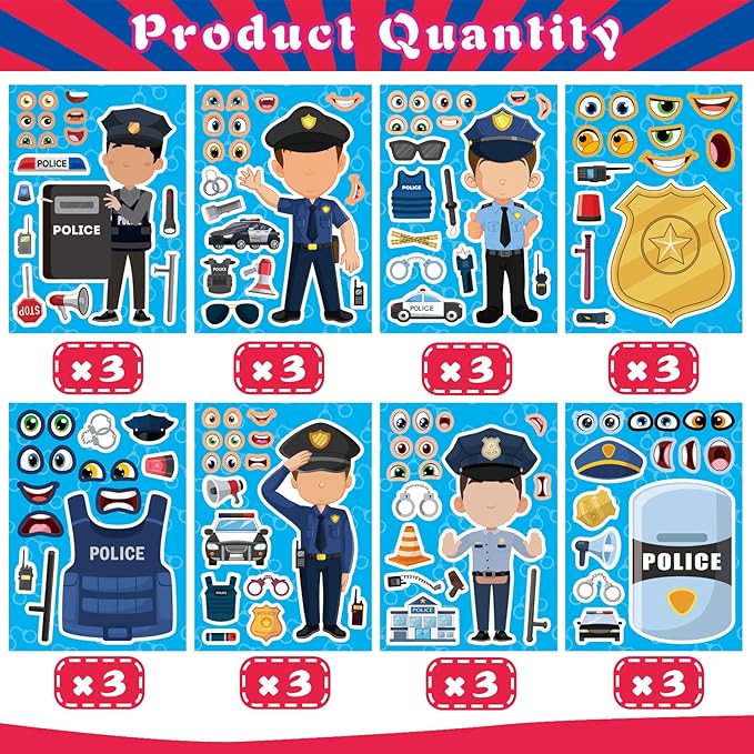 24 Sheets Make Your Own Policeman Stickers, Make-a-face Stickers, Educational Theme Gift for Kids, Birthday Party School Classroom Teacher Reward