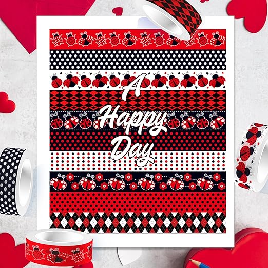 12 Rolls Insect Washi Tape, Seven Star Ladybug Masking Tape, Red Black Spots Decorative Tape for Journaling, Scrapbooking, DIY Crafts, Planner, Gift Wrapping, 16.4FT