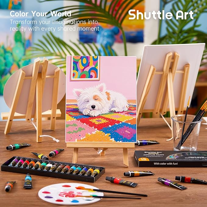 Shuttle Art 87 Pack Acrylic Paint Set, Painting Kit with 3 Pack of 15 Colors Acrylic Paint, 3 Sets of Wooden Easels, Canvas, Brushes & Palettes, Art Painting Supplies Kit for Adults Kids Beginner
