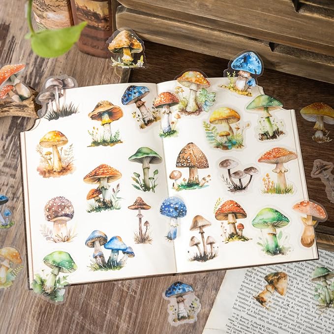 120-Piece Fantasy Mushroom Stickers for Scrapbooking – Vintage Nature Forest Botanical Stickers for Journals, Crafting, Art Projects, Decoration