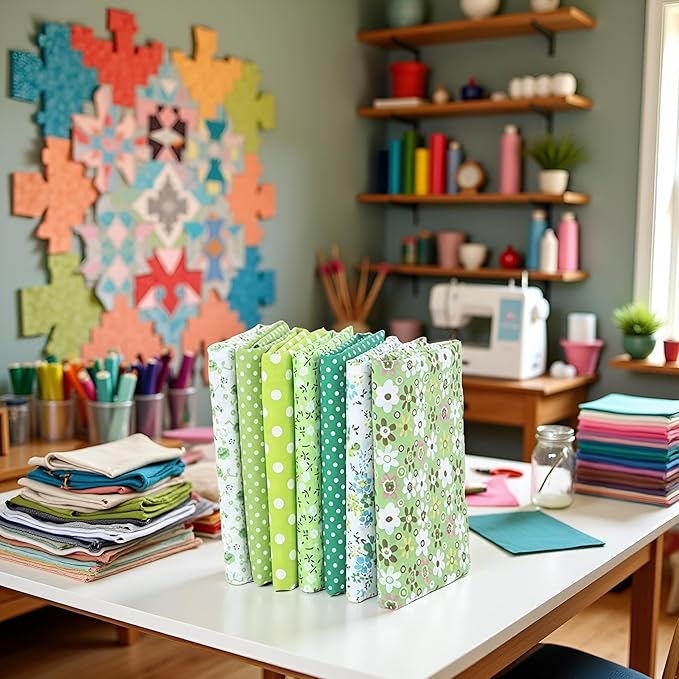 7Pcs Top Green Cotton Craft Fabric Bundle Squares Patchwork DIY Sewing Scrapbooking Quilting Floral Dot Pattern Craft and Hobby Fabric 10" x 10" (25cm x 25cm)