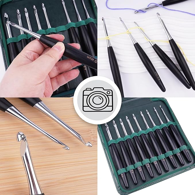 Hobekoee Inline Crochet Hooks Set 9 Sizes 3.5mm(E)-8mm(L) Wooden Handle Crochet Hooks Set with Case,Ergonomic Grip for Arthritic Hands