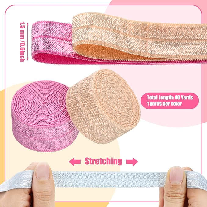 WILLBOND 40 Yards Fold over Elastic Solid Color Trim Elastic 40 Colors Ribbon Sewing Stretch Ribbon Band for Hair Bow DIY Craft Hair Ties Headbands (Pastel Color)