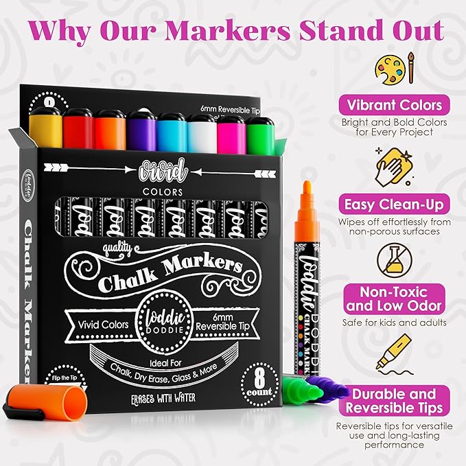 Loddie Doddie Liquid Chalk Markers - 8-Pack, 6mm Dual Tips - Chalk Markers for Blackboard & Chalkboard Paint - Washable Window Pens for Glass - Erasable Pens