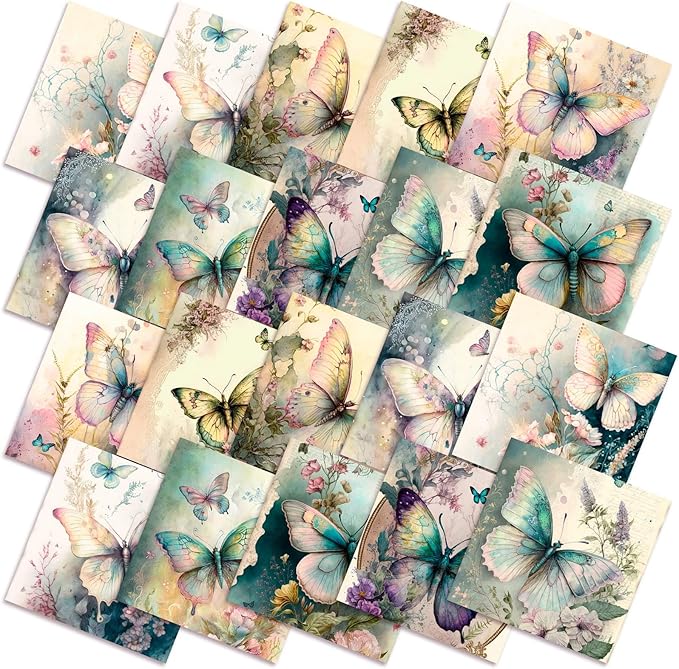 HunnmingRe 20 Pcs 10''x10'' Vintage Butterfly Quilting Fabric Square Retro Butterfly Quiltted Fabric Bundle Multicolor Floral Precuts Printed Patchwork Supplies for Holiday DIY Sewing Craft