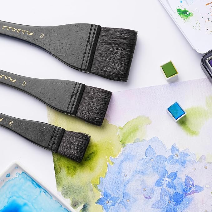 Flat Watercolor Brushes, Fuumuui 60mm Professional Squirrel Hair Flat Hake Brushes, Artists Scale Large Paint Brush with Long Handle for Watercolor and Acrylic Paints