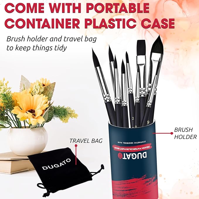 Watercolor Brushes Professional, DUGATO 12pc Artist Paint Brush Set - Synthetic Bristles (Round, Flat, Liner, Oval) for Watercolor Gouache Inks Painting
